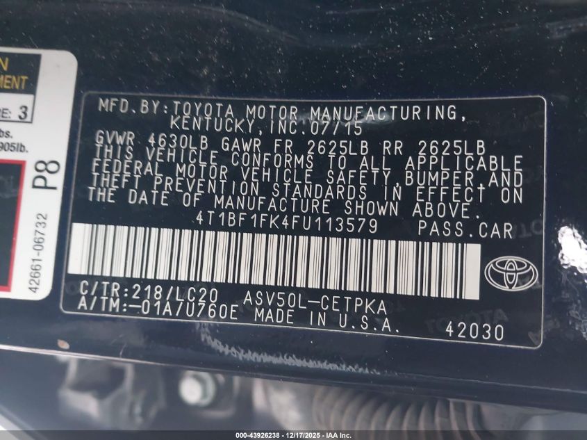 2015 Toyota Camry Xse VIN: 4T1BF1FK4FU113579 Lot: 43926238