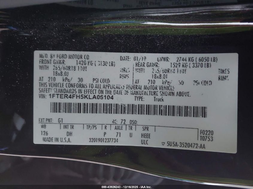 2019 Ford Ranger Lariat VIN: 1FTER4FH5KLA06104 Lot: 43926243