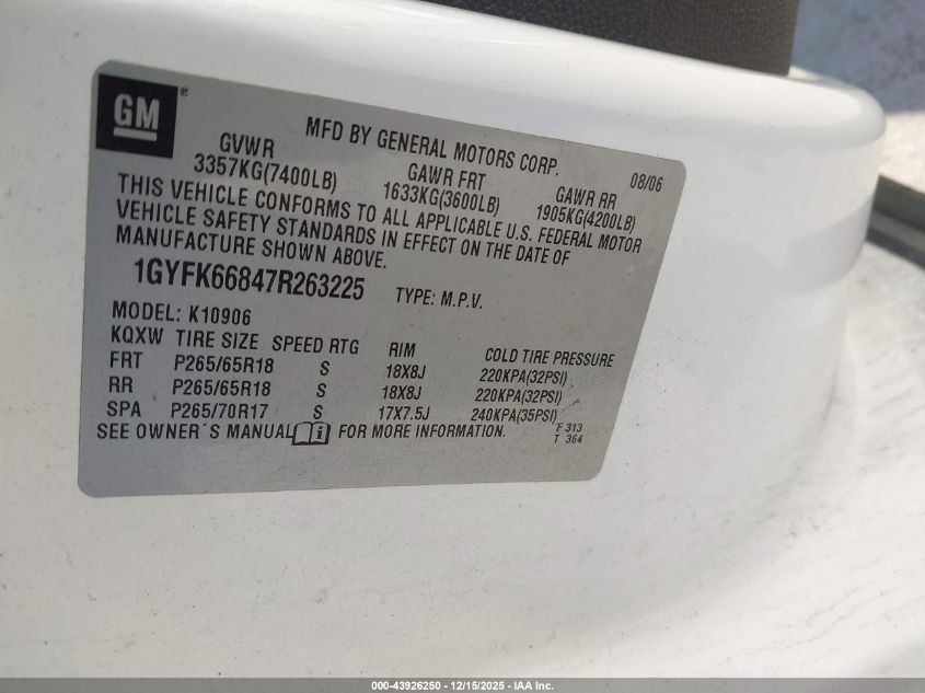 1GYFK66847R263225 2007 CADILLAC ESCALADE photo no. 9