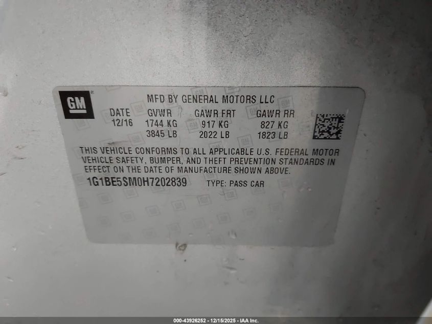 2017 Chevrolet Cruze Lt Auto VIN: 1G1BE5SM0H7202839 Lot: 43926252