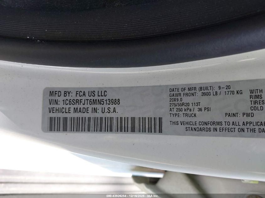 2021 Ram 1500 Laramie 4X4 5'7 Box VIN: 1C6SRFJT6MN513988 Lot: 43926254