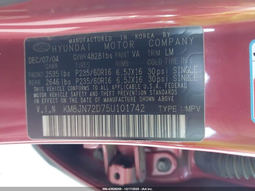 2005 Hyundai Tucson Gls/Lx VIN: KM8JN72D75U101742 Lot: 43926259