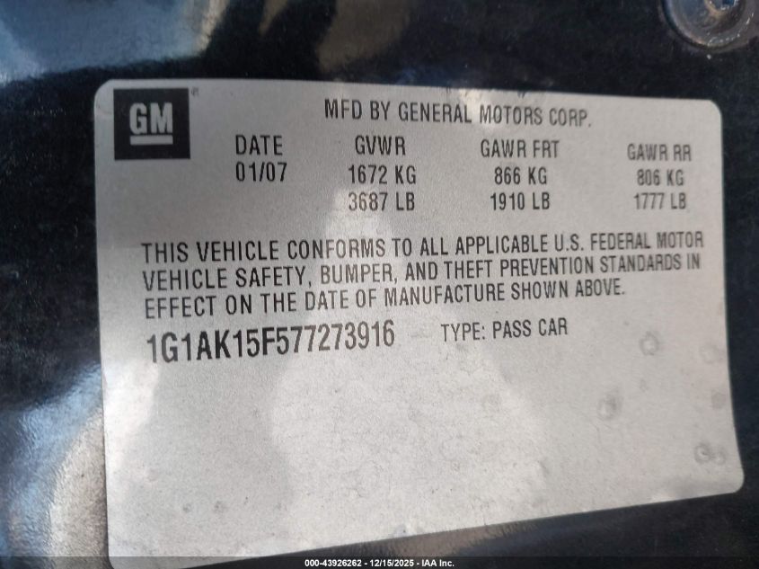 2007 Chevrolet Cobalt Ls VIN: 1G1AK15F577273916 Lot: 43926262