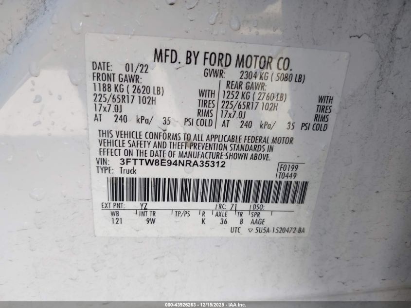 2022 Ford Maverick Xl VIN: 3FTTW8E94NRA35312 Lot: 43926263