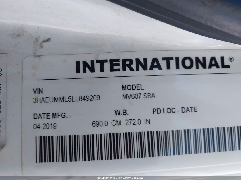 2020 International Mv VIN: 3HAEUMML5LL849209 Lot: 43926266