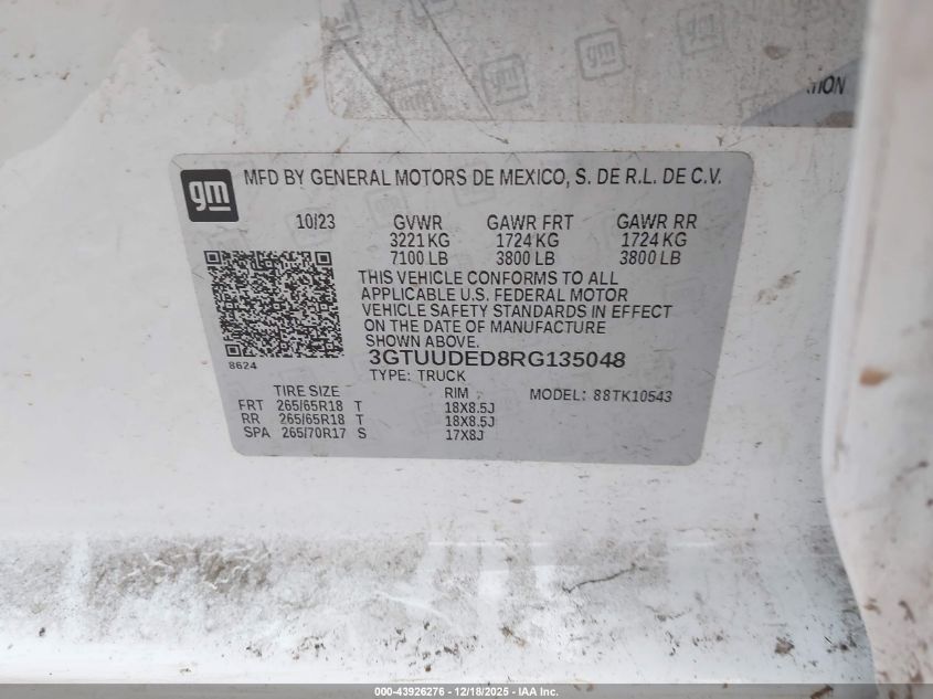 2024 GMC Sierra 1500 4Wd Short Box Slt VIN: 3GTUUDED8RG135048 Lot: 43926276