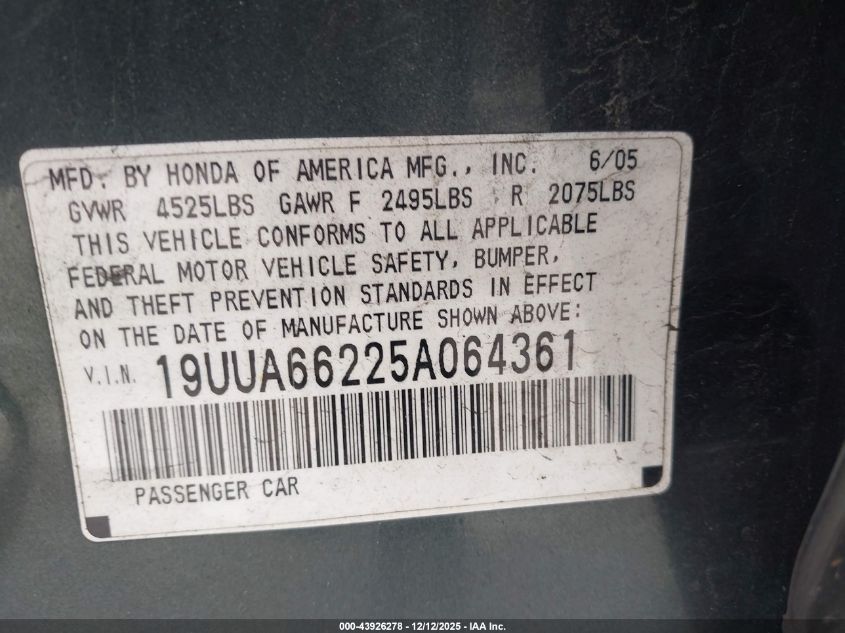 2005 Acura Tl VIN: 19UUA66225A064361 Lot: 43926278