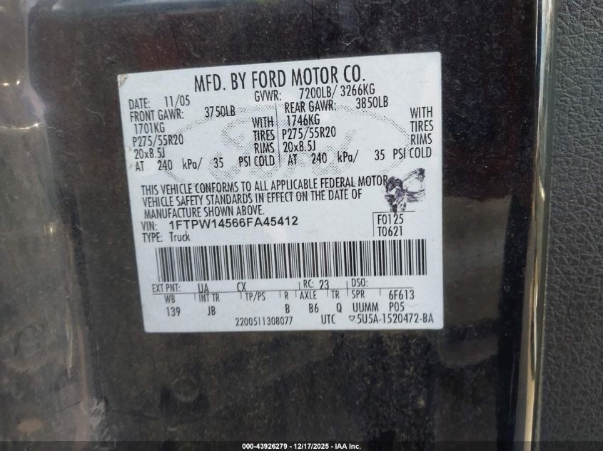 2006 Ford F-150 Fx4/Lariat/Xlt VIN: 1FTPW14566FA45412 Lot: 43926279