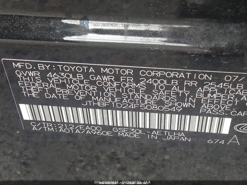 2015 Lexus Is 250 VIN: JTHBF1D24F5080549 Lot: 43926287