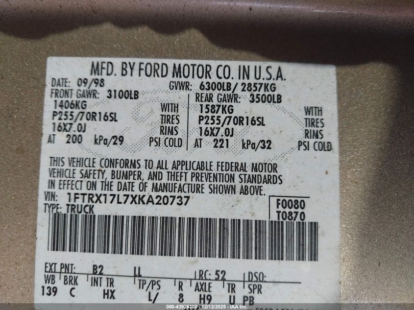 1999 Ford F-150 Lariat/Xl/Xlt VIN: 1FTRX17L7XKA20737 Lot: 43926300