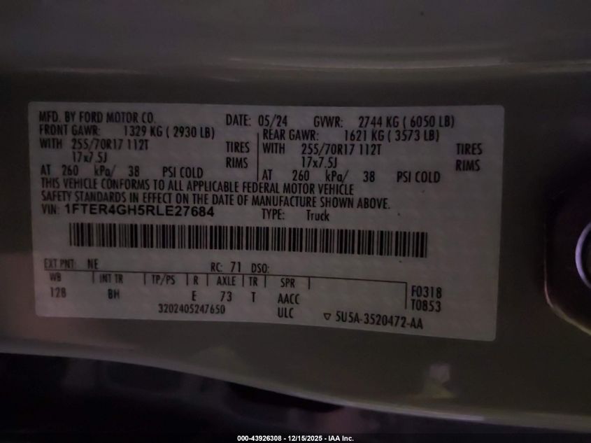 2024 Ford Ranger Xlt VIN: 1FTER4GH5RLE27684 Lot: 43926308