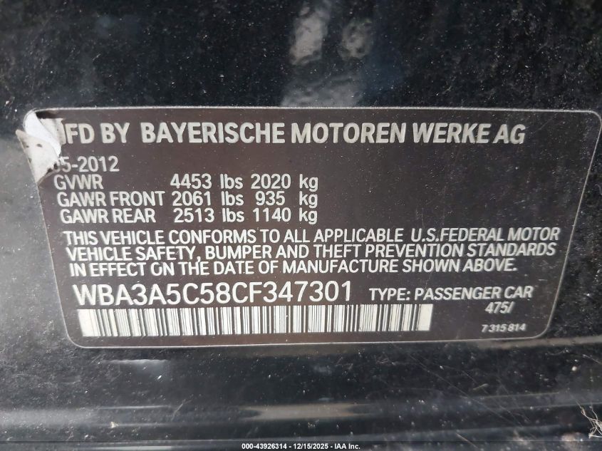 2012 BMW 328I VIN: WBA3A5C58CF347301 Lot: 43926314