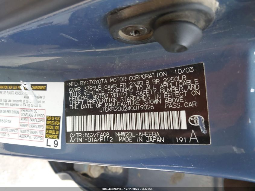 2004 Toyota Prius VIN: JTDKB20U240019026 Lot: 43926316