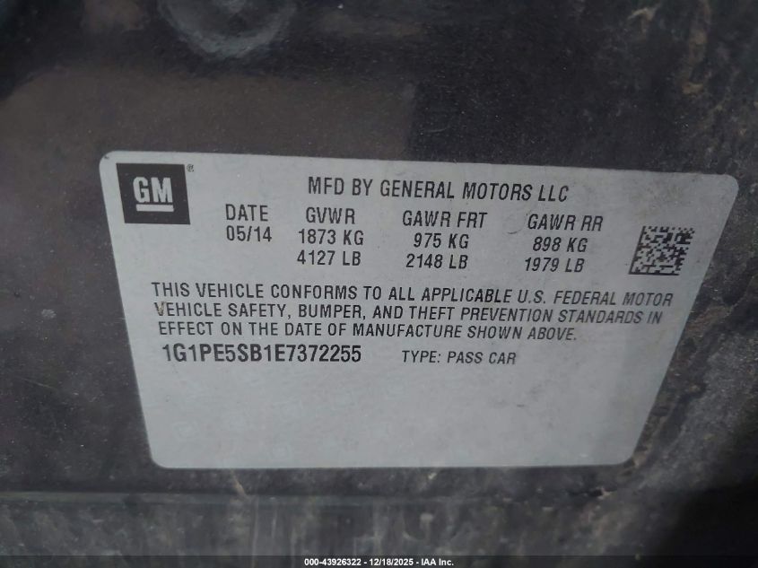 2014 Chevrolet Cruze 2Lt Auto VIN: 1G1PE5SB1E7372255 Lot: 43926322