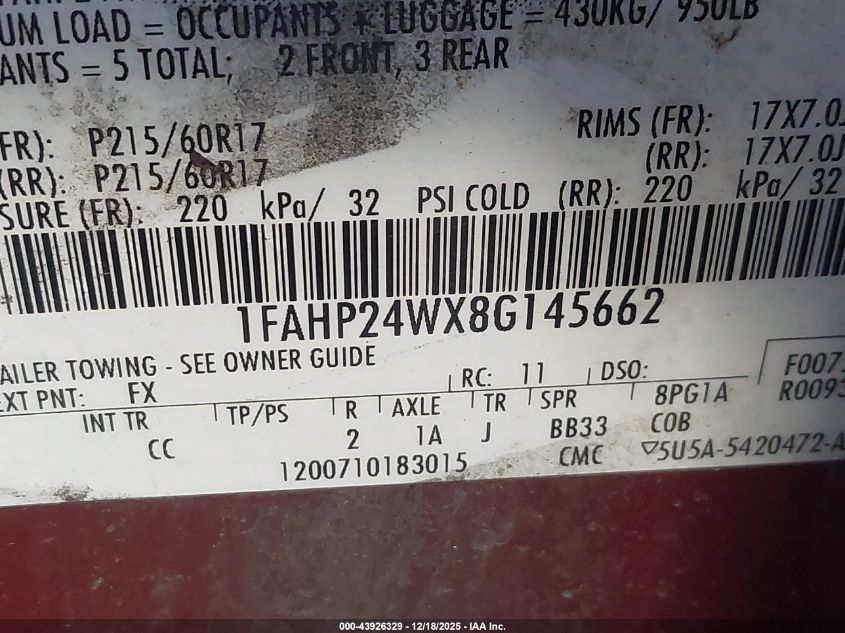 2008 Ford Taurus Sel VIN: 1FAHP24WX8G145662 Lot: 43926329