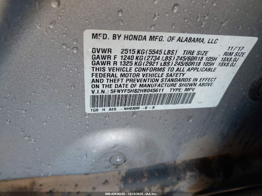 2017 Honda Pilot Ex-L VIN: 5FNYF5H82HB045611 Lot: 43926338