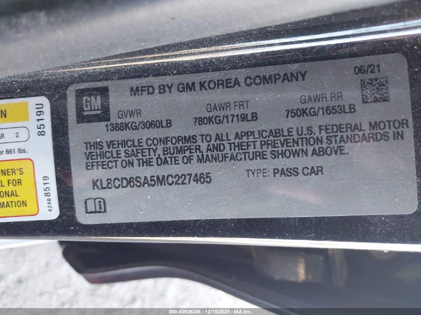 2021 Chevrolet Spark Fwd 1Lt Automatic VIN: KL8CD6SA5MC227465 Lot: 43926346