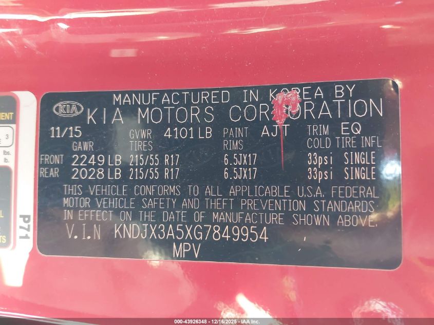 2016 Kia Soul ! VIN: KNDJX3A5XG7849954 Lot: 43926348