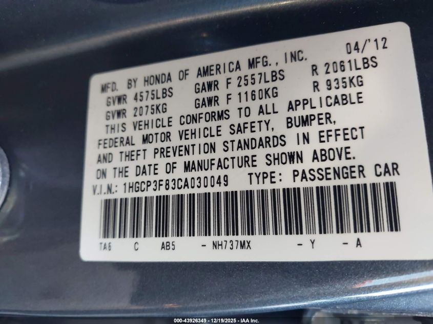 2012 Honda Accord 3.5 Ex-L VIN: 1HGCP3F83CA030049 Lot: 43926349