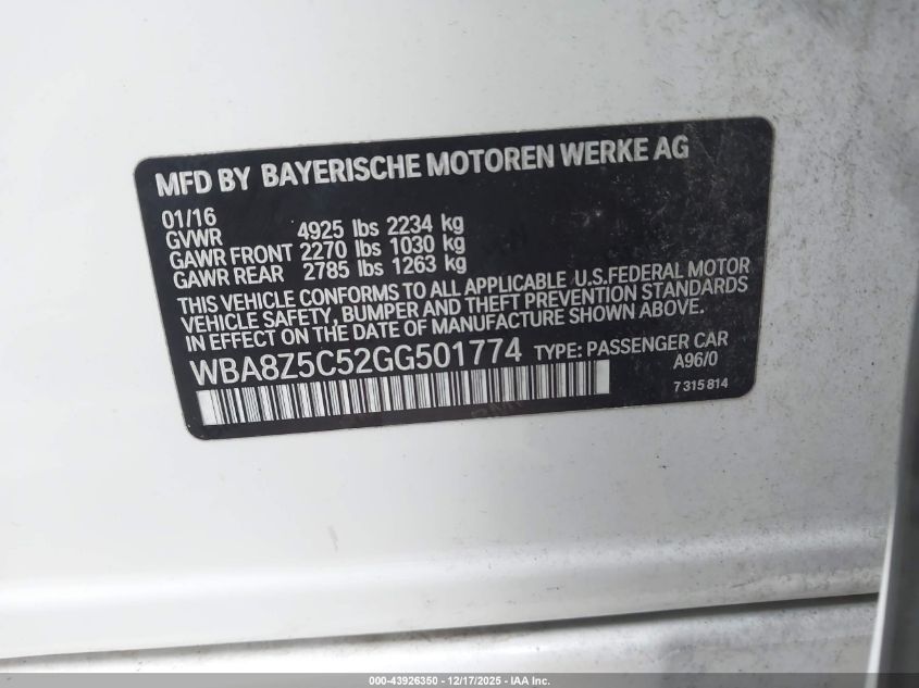 2016 BMW 328I Gran Turismo xDrive VIN: WBA8Z5C52GG501774 Lot: 43926350