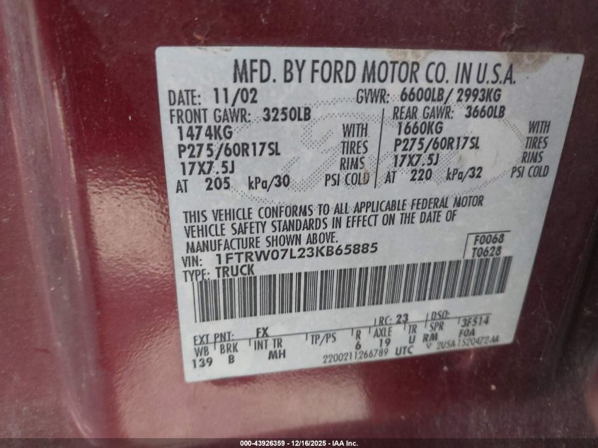 2003 Ford F-150 Lariat/Xlt VIN: 1FTRW07L23KB65885 Lot: 43926359