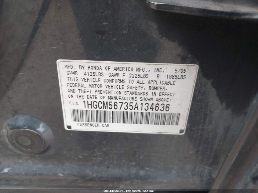 2005 Honda Accord 2.4 Ex VIN: 1HGCM56735A134636 Lot: 43926361