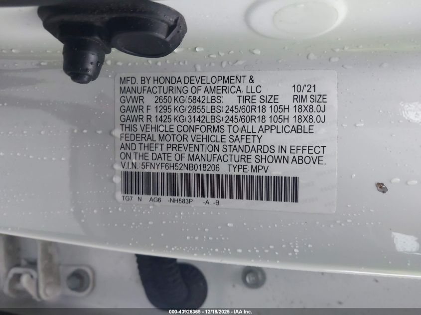 2022 Honda Pilot Awd Special Edition VIN: 5FNYF6H22NB068576 Lot: 43926365