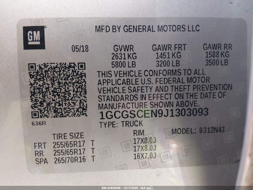 2018 Chevrolet Colorado Lt VIN: 1GCGSCEN9J1303093 Lot: 43926366