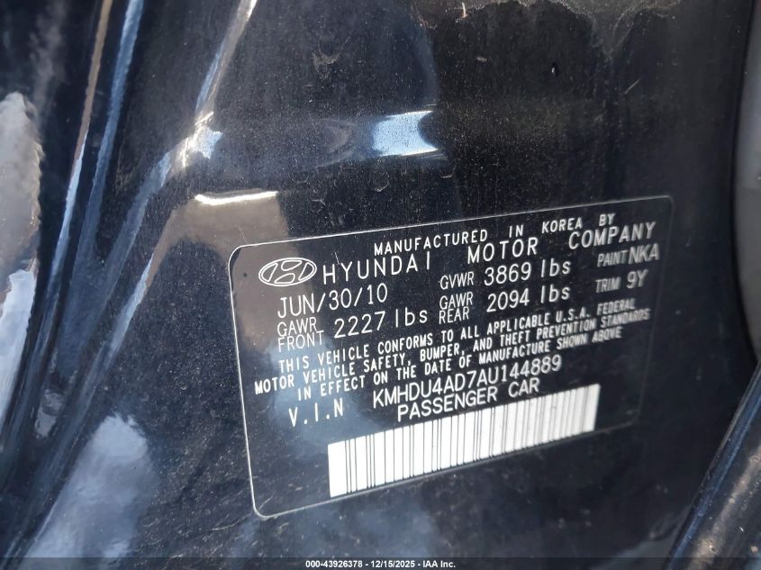 2010 Hyundai Elantra Gls VIN: KMHDU4AD7AU144889 Lot: 43926378