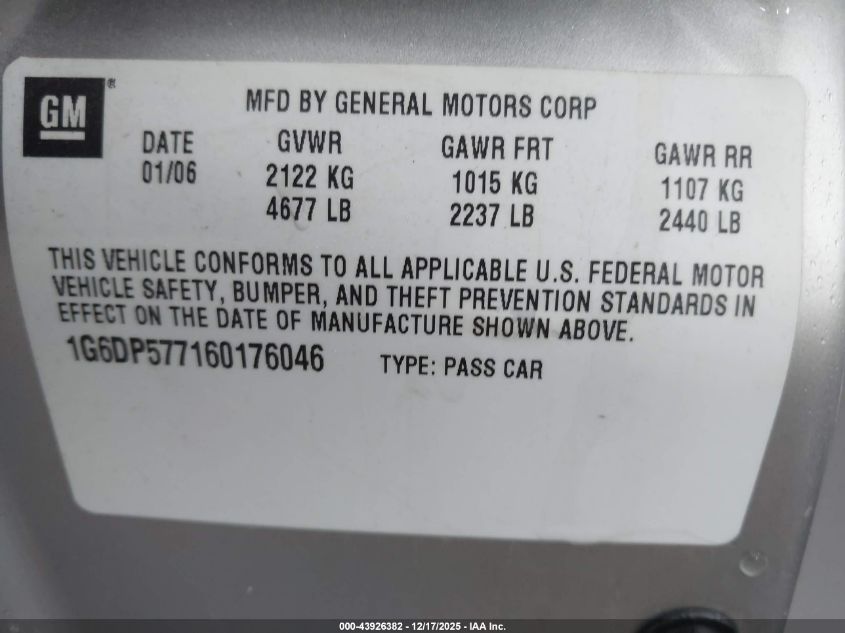2006 Cadillac Cts Standard VIN: 1G6DP577160176046 Lot: 43926382