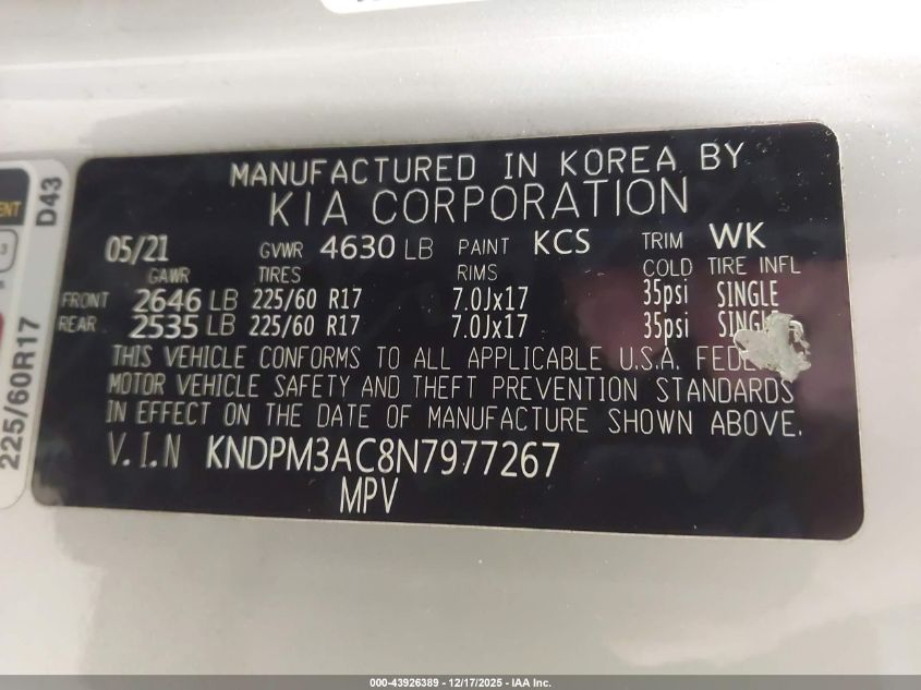 2022 Kia Sportage Lx VIN: KNDPM3AC8N7977267 Lot: 43926389