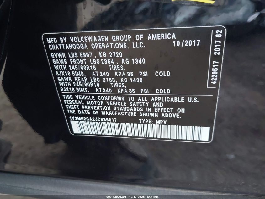 2018 Volkswagen Atlas 3.6L V6 Sel VIN: 1V2MR2CA2JC536017 Lot: 43926394