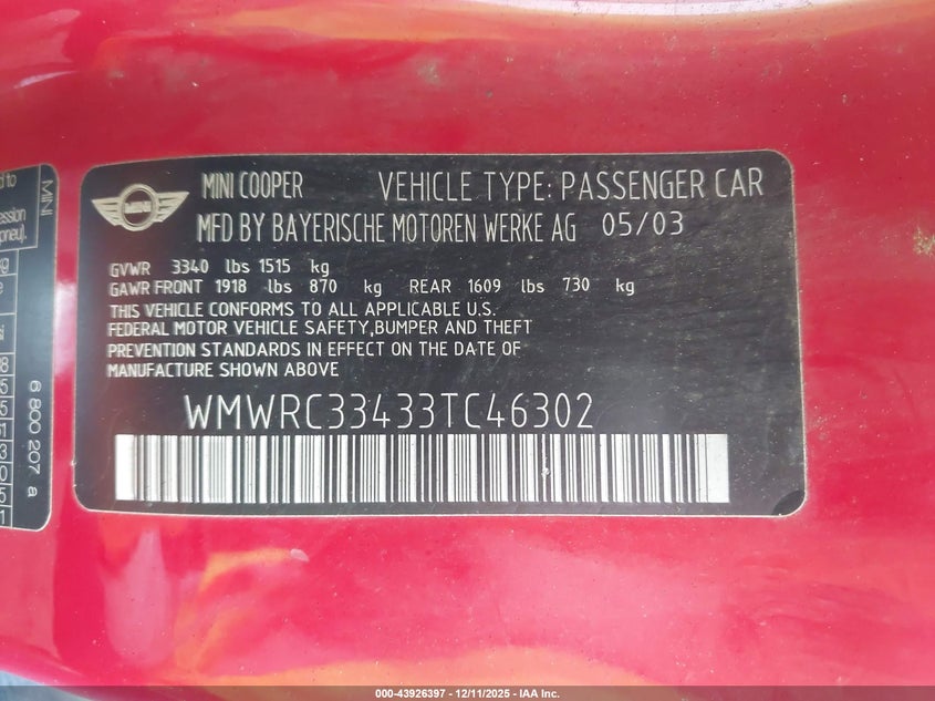 2003 Mini Cooper VIN: WMWRC33433TC46302 Lot: 43926397