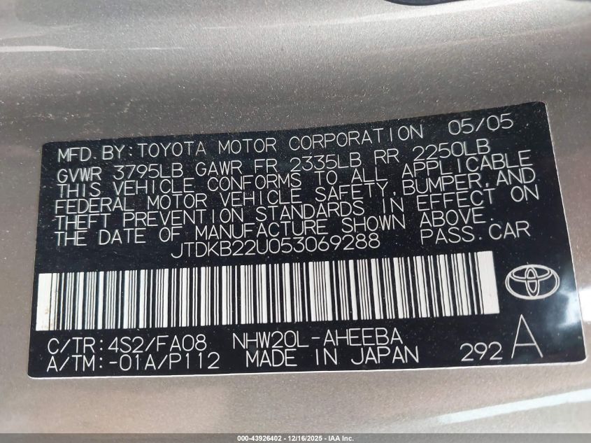 2005 Toyota Prius VIN: JTDKB22U053069288 Lot: 43926402