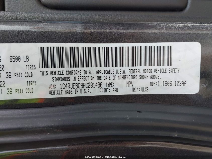 2015 Jeep Grand Cherokee Limited VIN: 1C4RJEBG9FC231496 Lot: 43926403