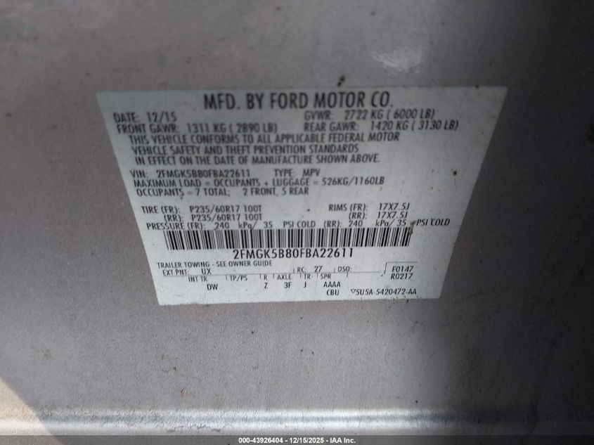 2015 Ford Flex Se VIN: 2FMGK5B80FBA22611 Lot: 43926404