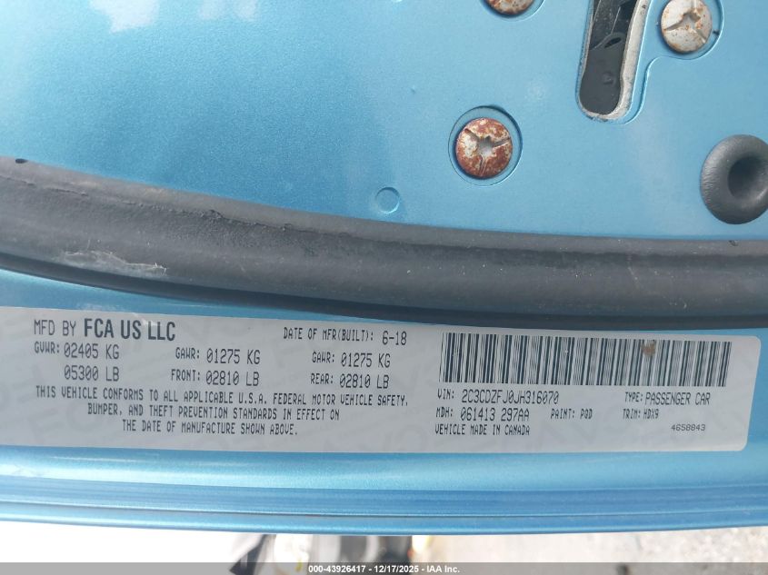 2018 Dodge Challenger R/T Scat Pack VIN: 2C3CDZFJ0JH316070 Lot: 43926417