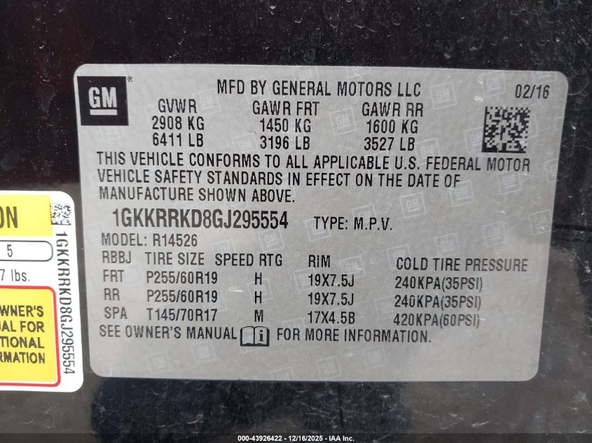 2016 GMC Acadia Slt-1 VIN: 1GKKRRKD8GJ295554 Lot: 43926422