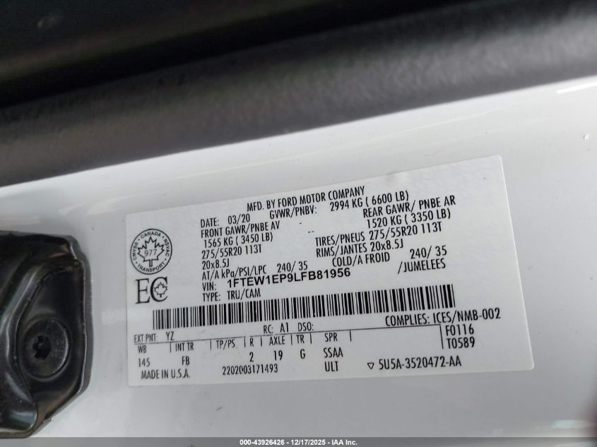 2020 Ford F-150 Xlt VIN: 1FTEW1EP9LFB81956 Lot: 43926426