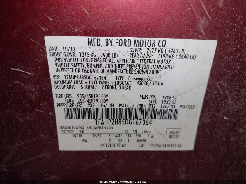 2013 Ford Taurus Sel VIN: 1FAHP2H85DG167364 Lot: 43926427