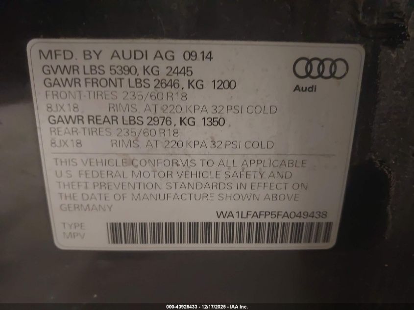 2015 Audi Q5 2.0T Premium VIN: WA1LFAFP5FA049438 Lot: 43926433