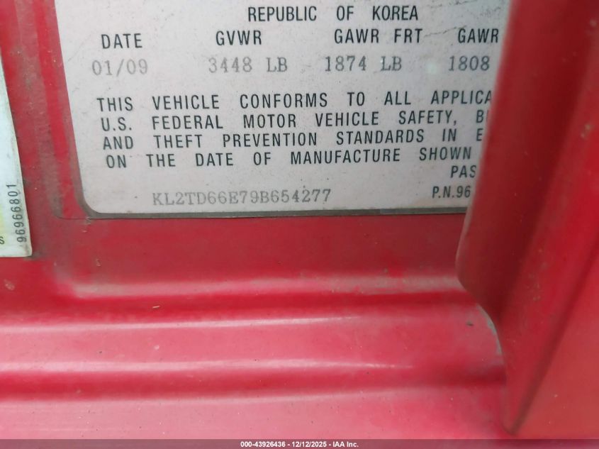 2009 Pontiac G3 VIN: KL2TD66E79B654277 Lot: 43926436