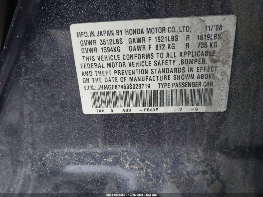 2009 Honda Fit Sport VIN: JHMGE87469S029719 Lot: 43926450