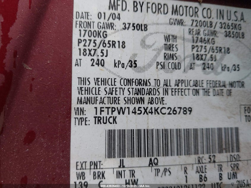 1FTPW145X4KC26789 2004 FORD F-150 photo no. 9