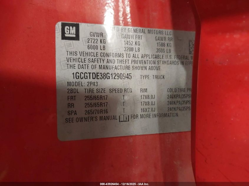 2016 Chevrolet Colorado Z71 VIN: 1GCGTDE38G1290945 Lot: 43926454