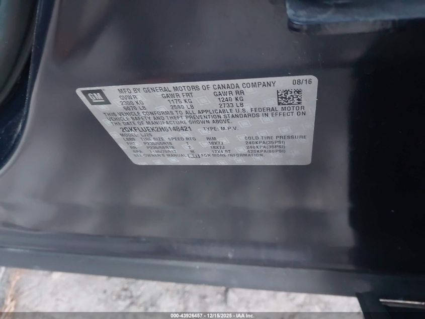 2017 GMC Terrain Slt VIN: 2GKFLUEK2H6148421 Lot: 43926457