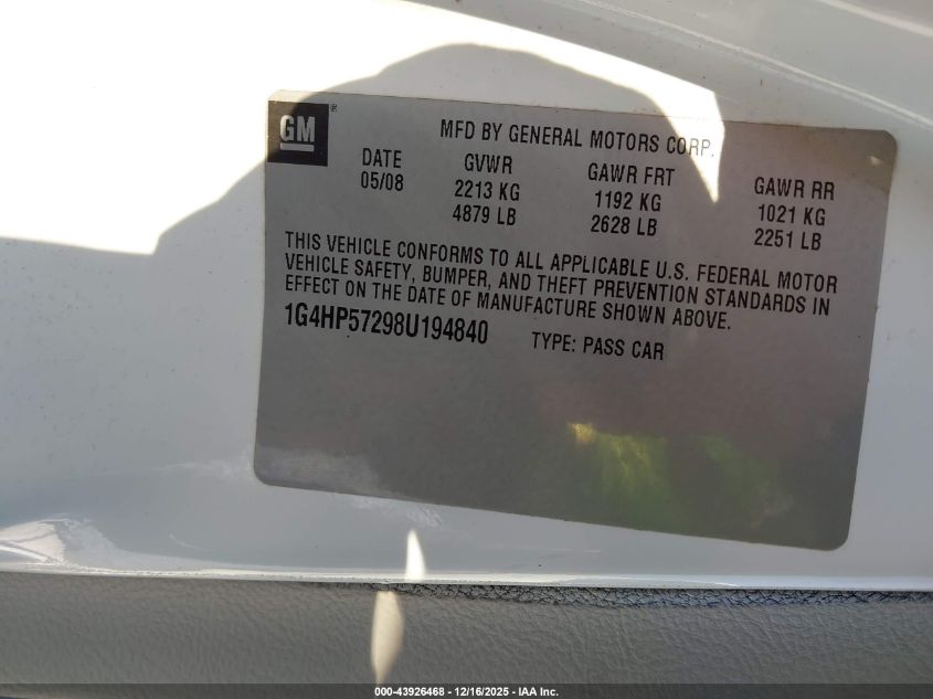 2008 Buick Lucerne Cx VIN: 1G4HP57298U194840 Lot: 43926468