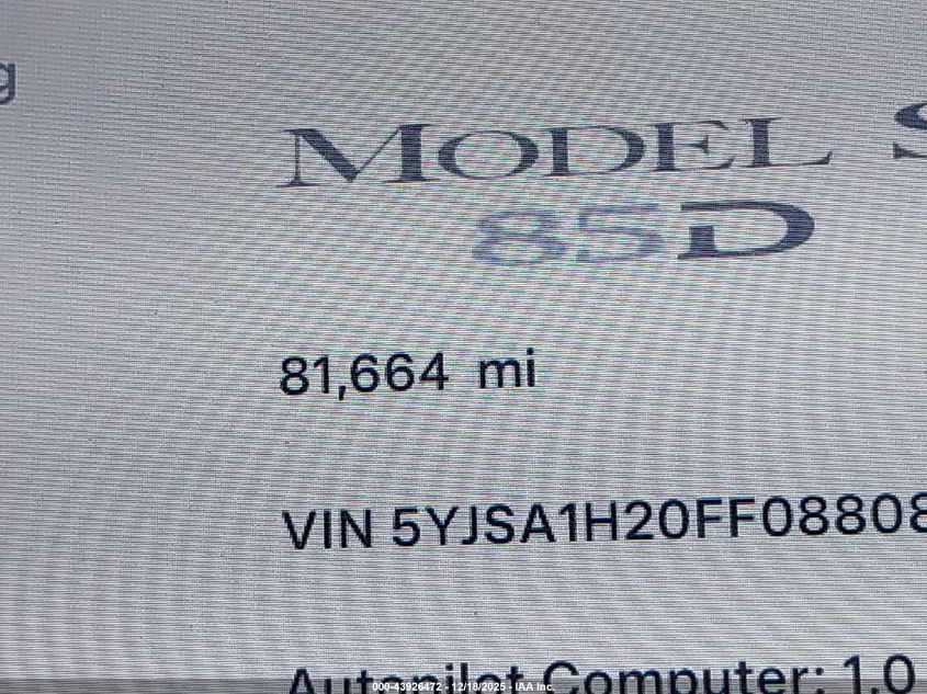 2015 Tesla Model S 70D/85D/P85D VIN: 5YJSA1H20FF088088 Lot: 43926472