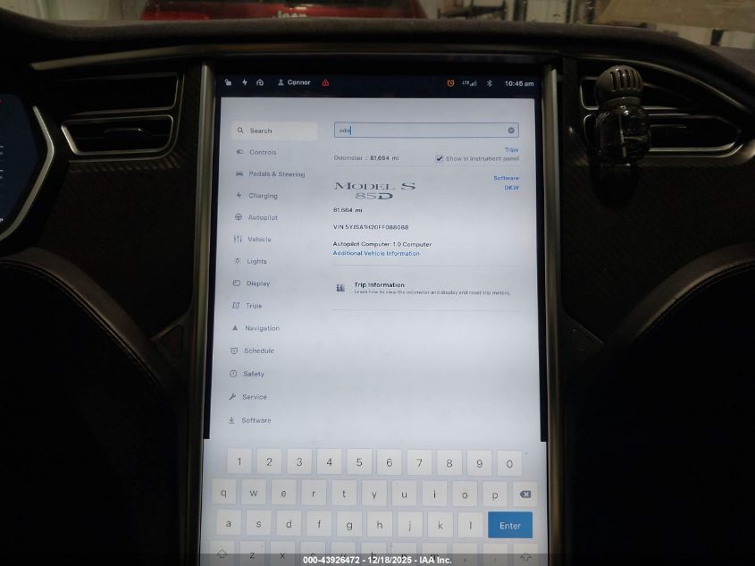 2015 Tesla Model S 70D/85D/P85D VIN: 5YJSA1H20FF088088 Lot: 43926472