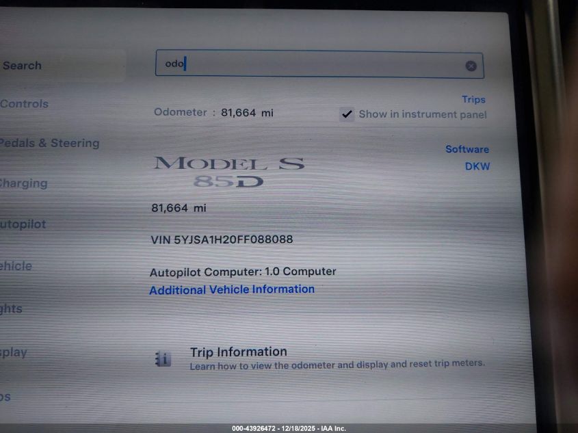 2015 Tesla Model S 70D/85D/P85D VIN: 5YJSA1H20FF088088 Lot: 43926472